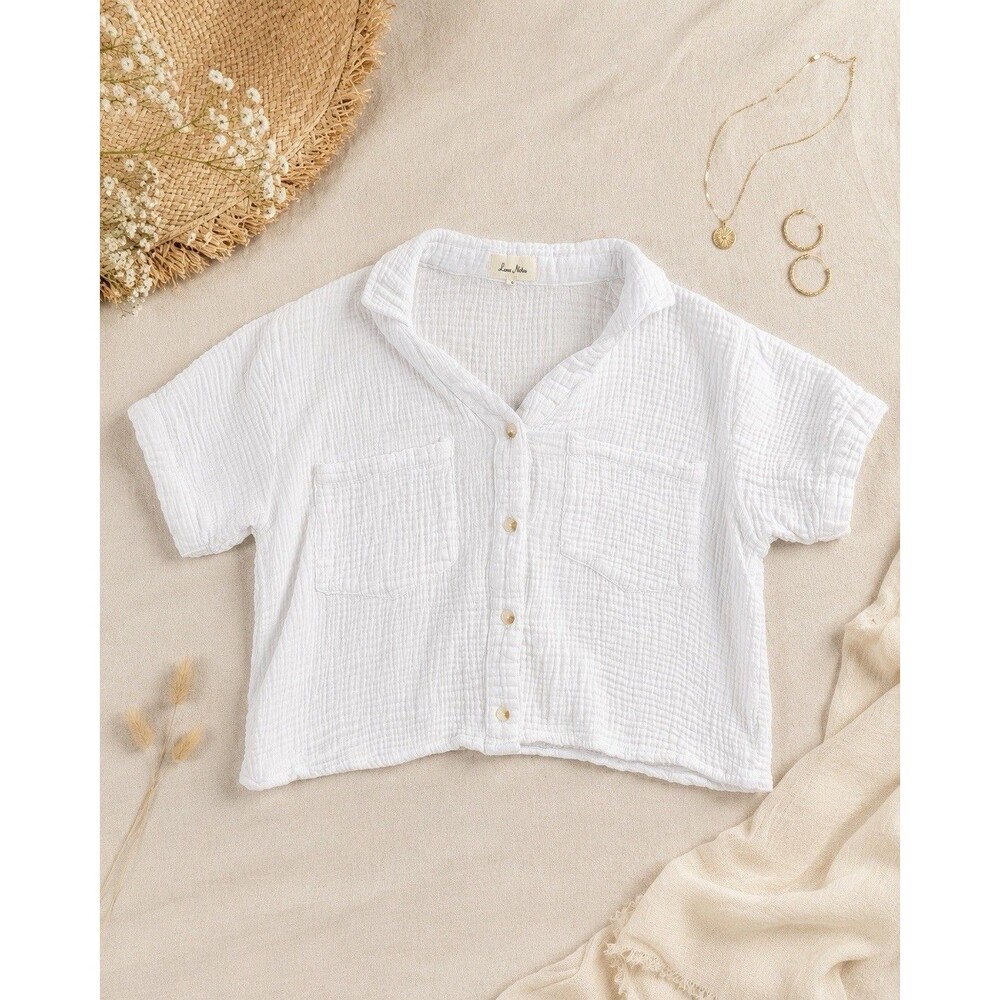 Love Notes White Cotton Gauze Button Up Shirt Womens S Cropped Boho Coastal